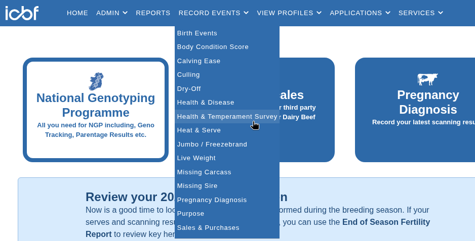 Open Record Events, then Health & Temperament Survey, and click Excel on that page.