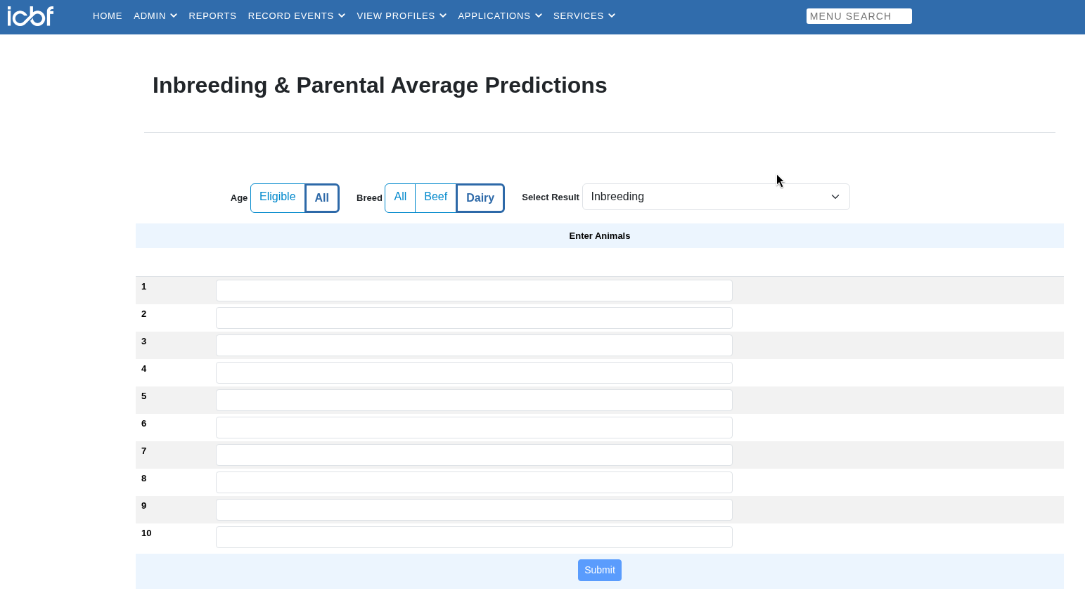 Set Age to All and Breed to Dairy, pick Inbreeding, type in up to 10 of your bull codes and click Submit.