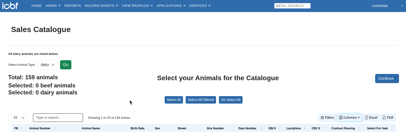 Click Select All so every animal is in it (heifers and calves too), then Continue.