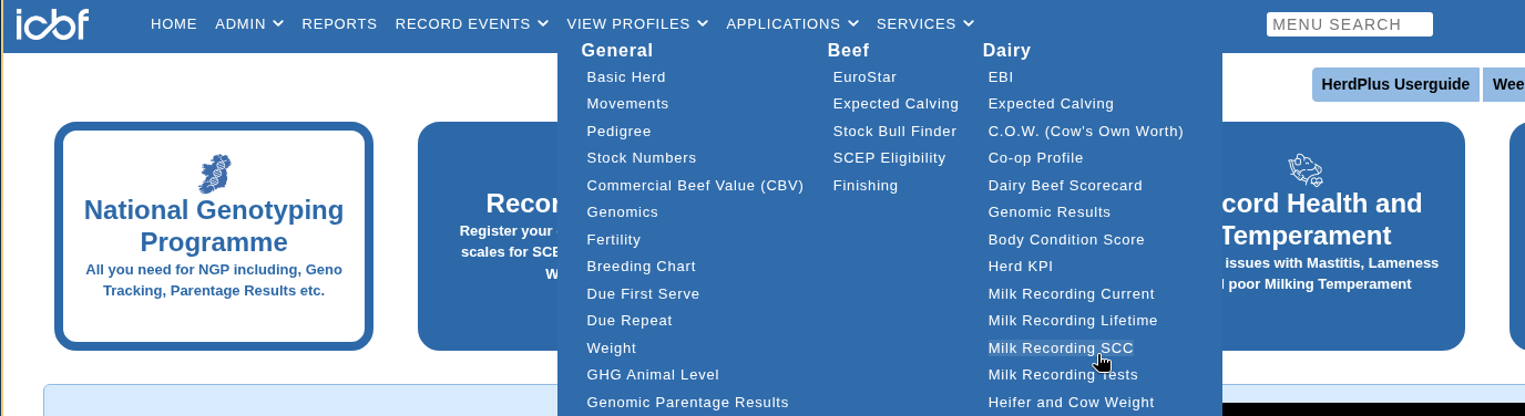 Open View Profiles, then Milk Recording SCC under Dairy.